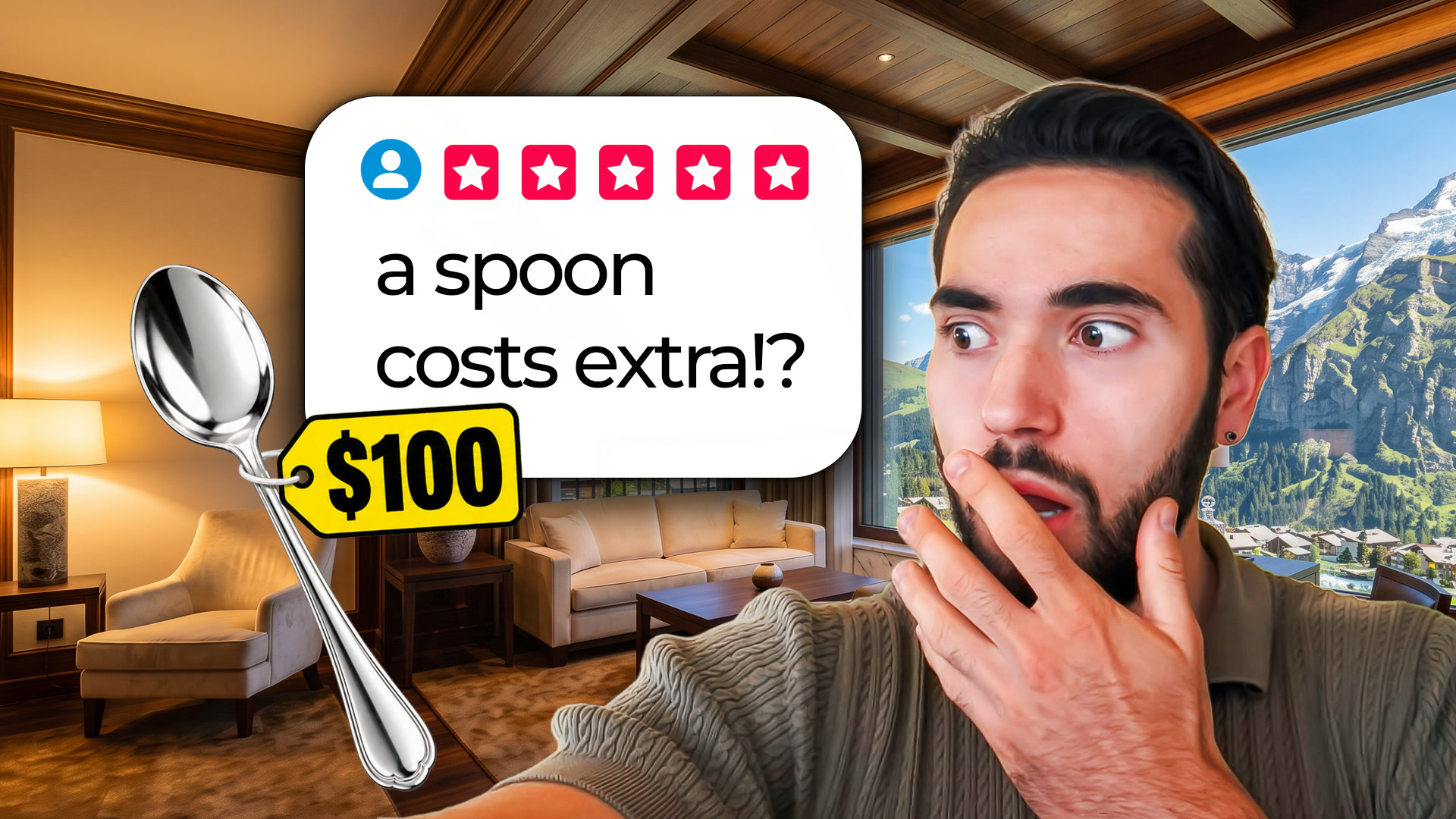 Thumbnail design: Daniel Light looking shocked at a review saying a spoon costs extra, next to a spoon with a $100 price tag