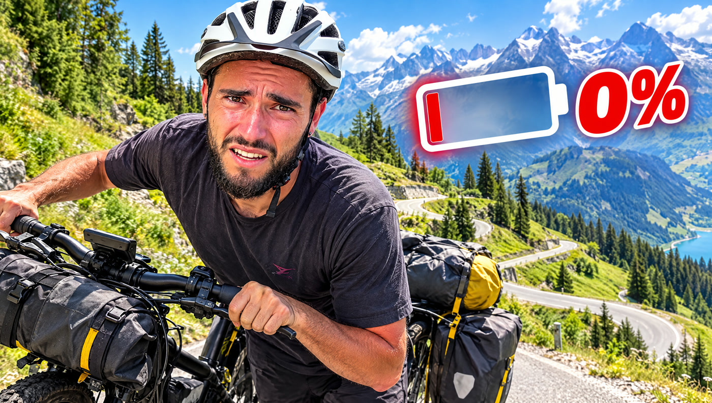 Thumbnail design: a cyclist pushing a loaded bike up an Alpine road, next to a red battery icon at 0%